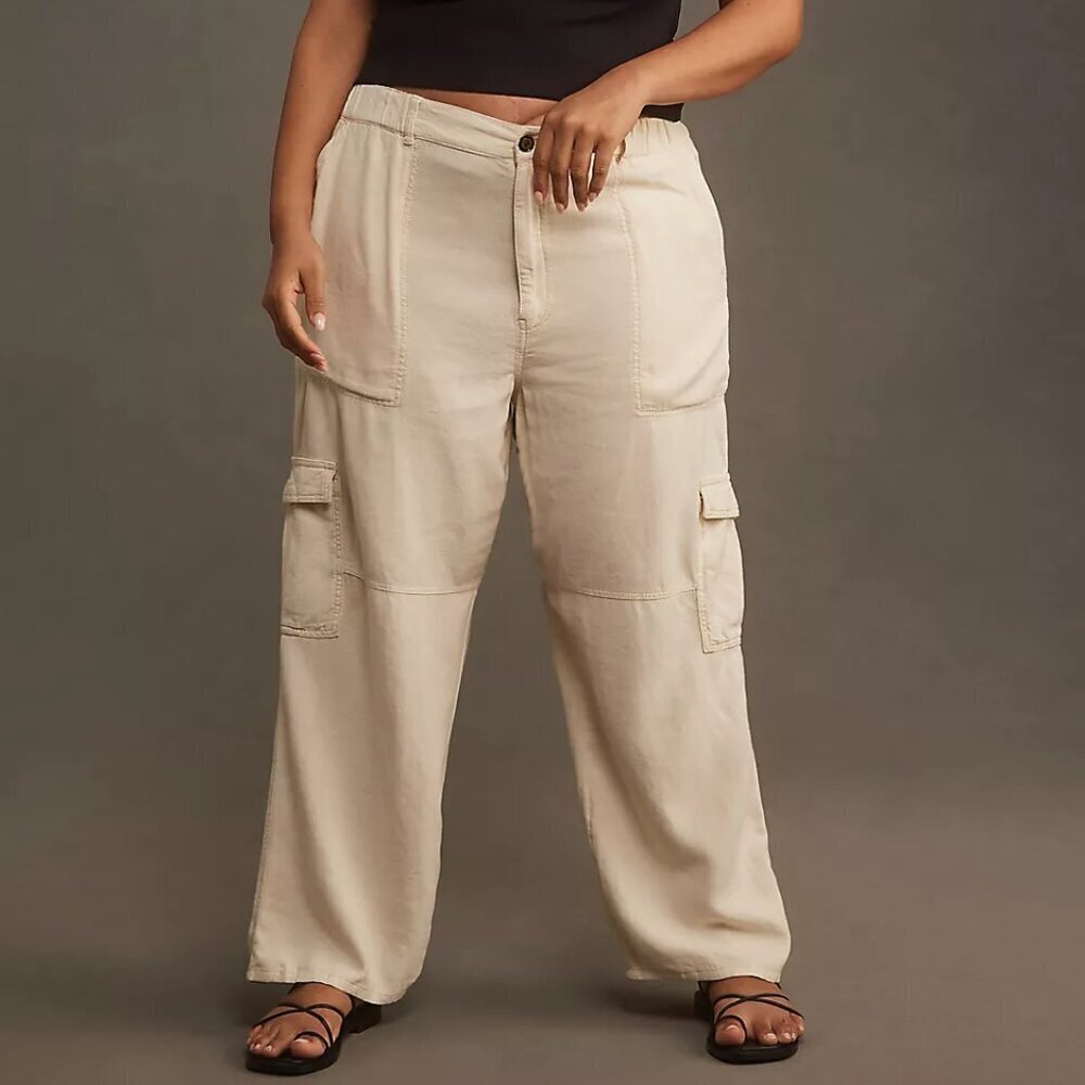NWT Anthropologie Pilcro Slim Linen Beach Cargo Ivory Tan Pants Sz. XL